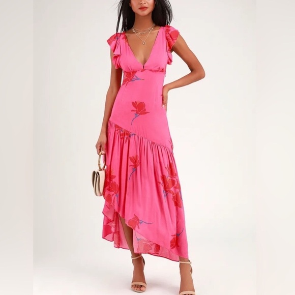 Free People Dresses & Skirts - Free People She's A Waterfall Hot Pink Floral Print Ruffled Maxi Dress size 0
